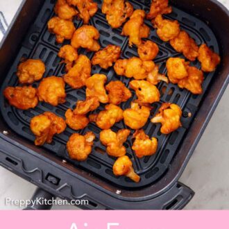 Pinterest graphic of buffalo cauliflower in the air fryer basket.