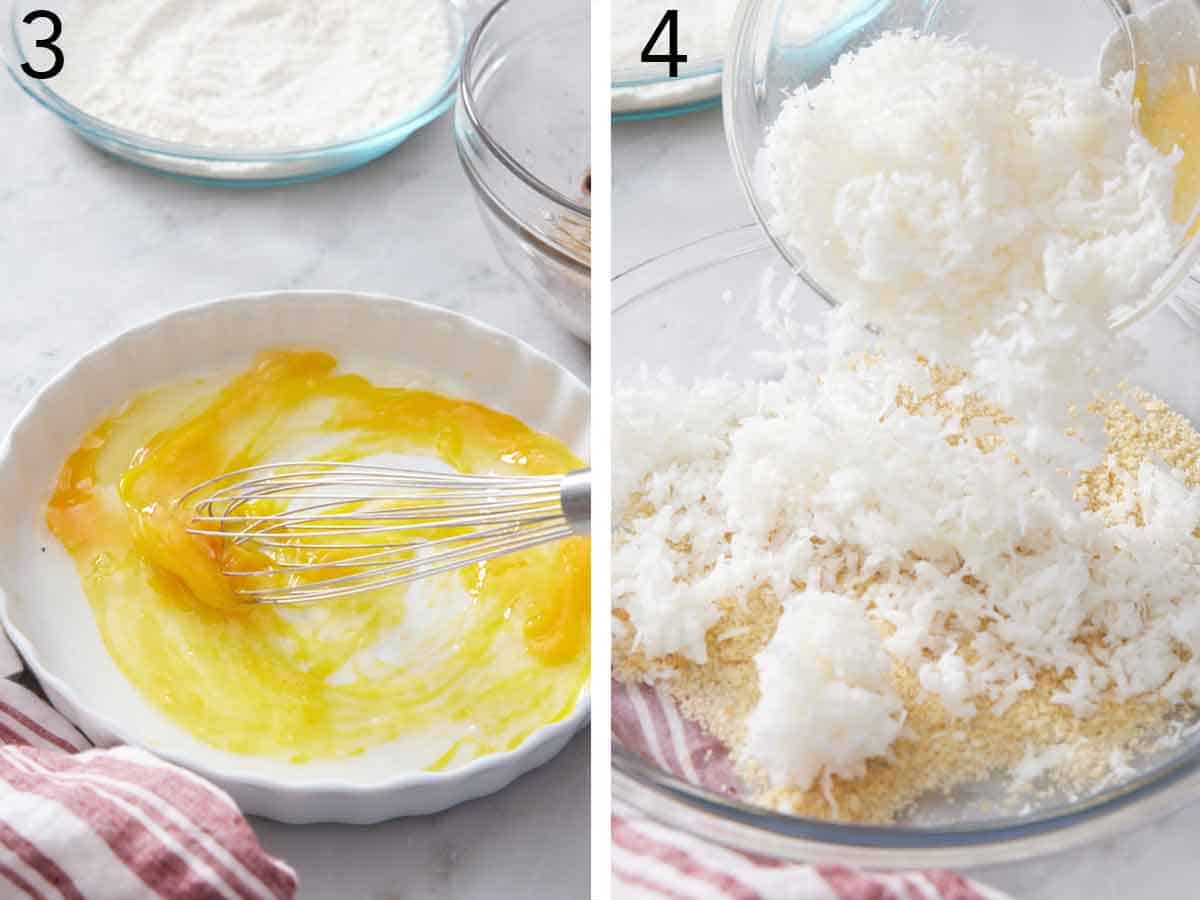 Set of two photos showing eggs whisked and shredded coconut added to panko breadcrumbs.