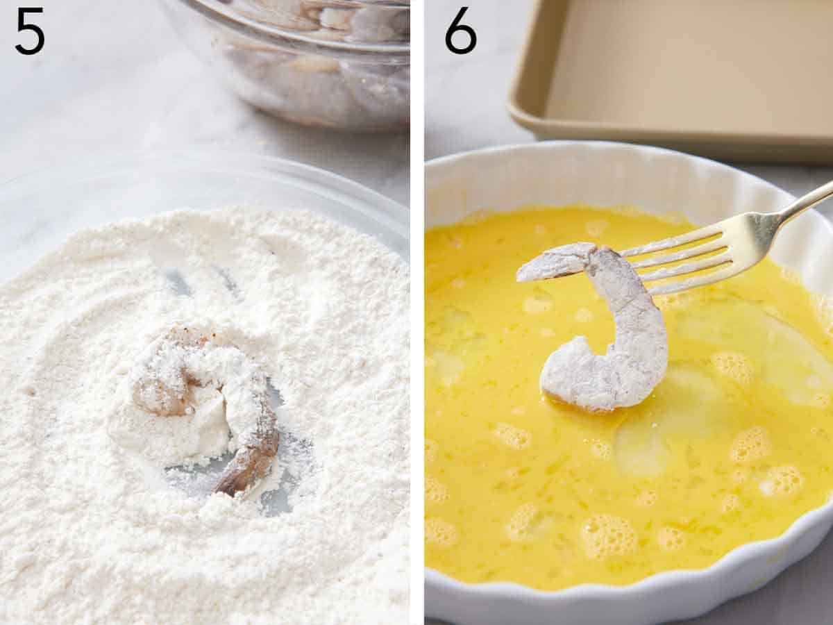 Set of two photos showing shrimp tossed in flour then egg.