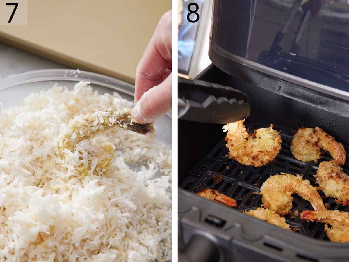 Set of two photos showing shrimp coated in the coconut mixture and then flipped in an air fryer basket.