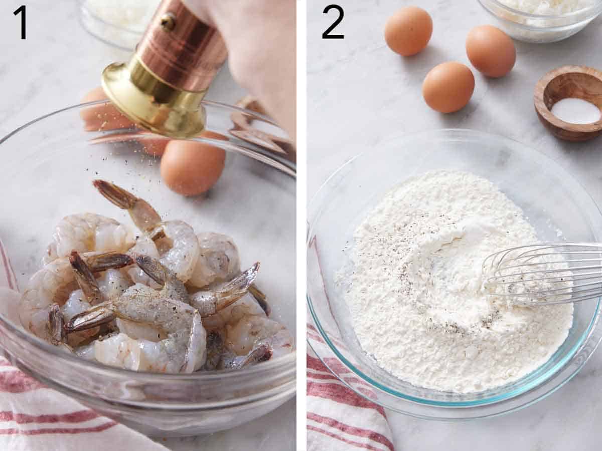 Set of two photos showing shrimp seasoned and flour whisked.