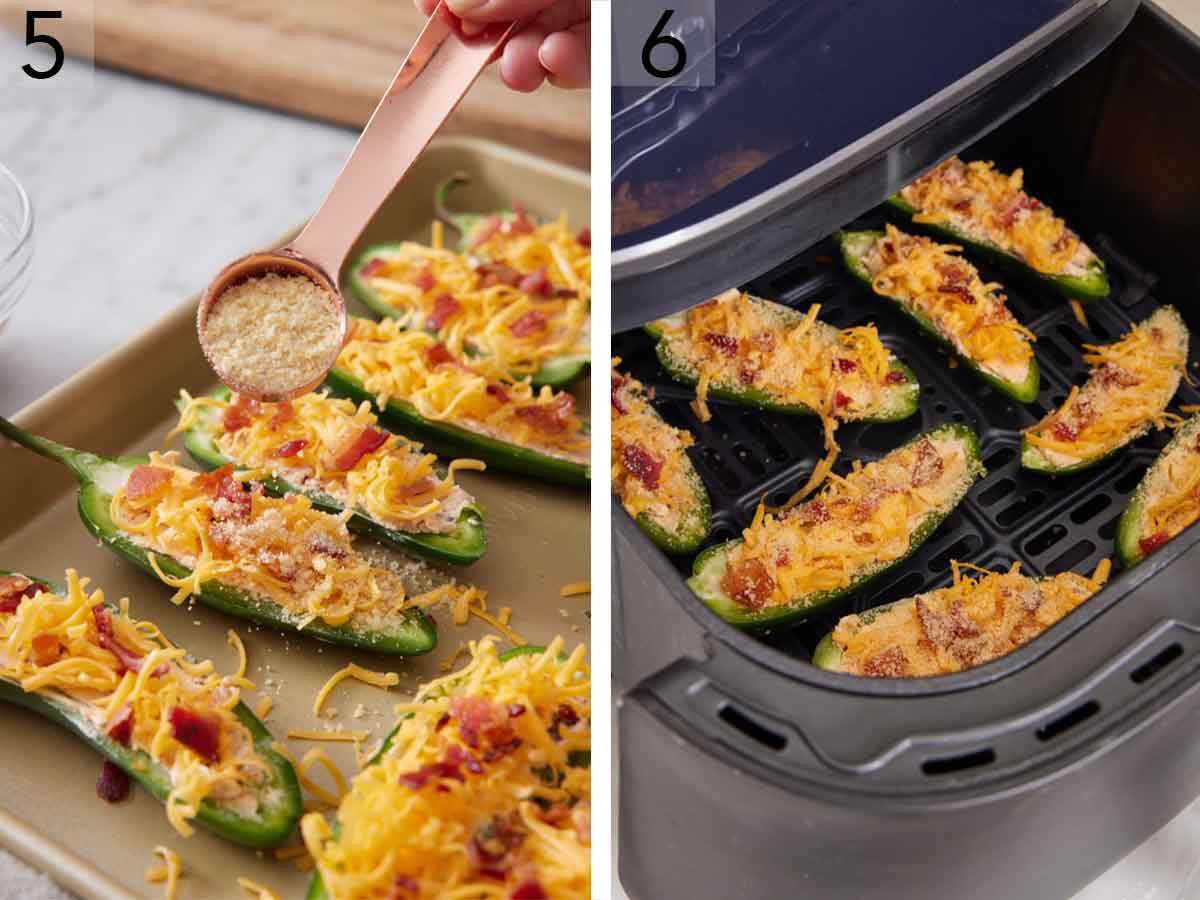 Set of two photos showing panko breadcrumbs added on top of the filled jalapeno and then air fried.