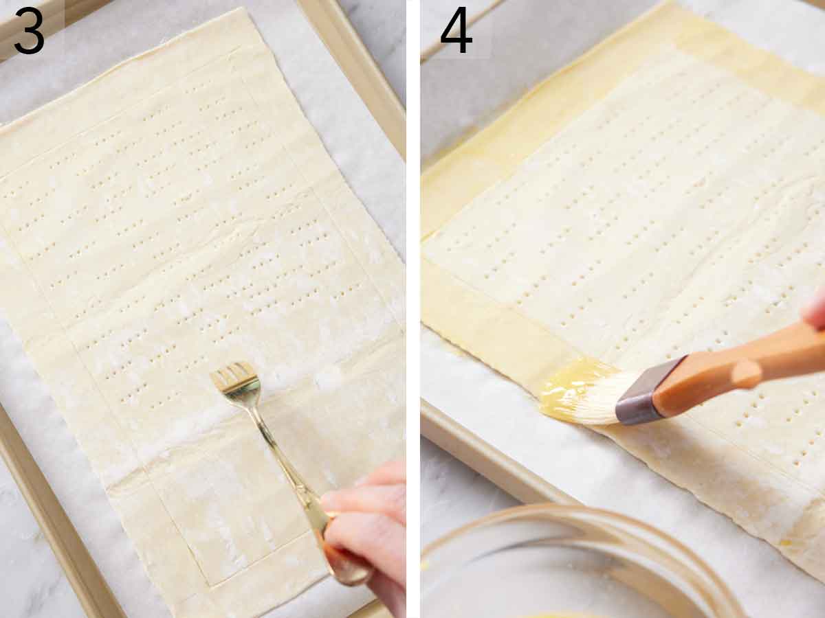 Set of two photos showing a fork poking holes in the center of the puff pastry and the edges brushed with egg wash.