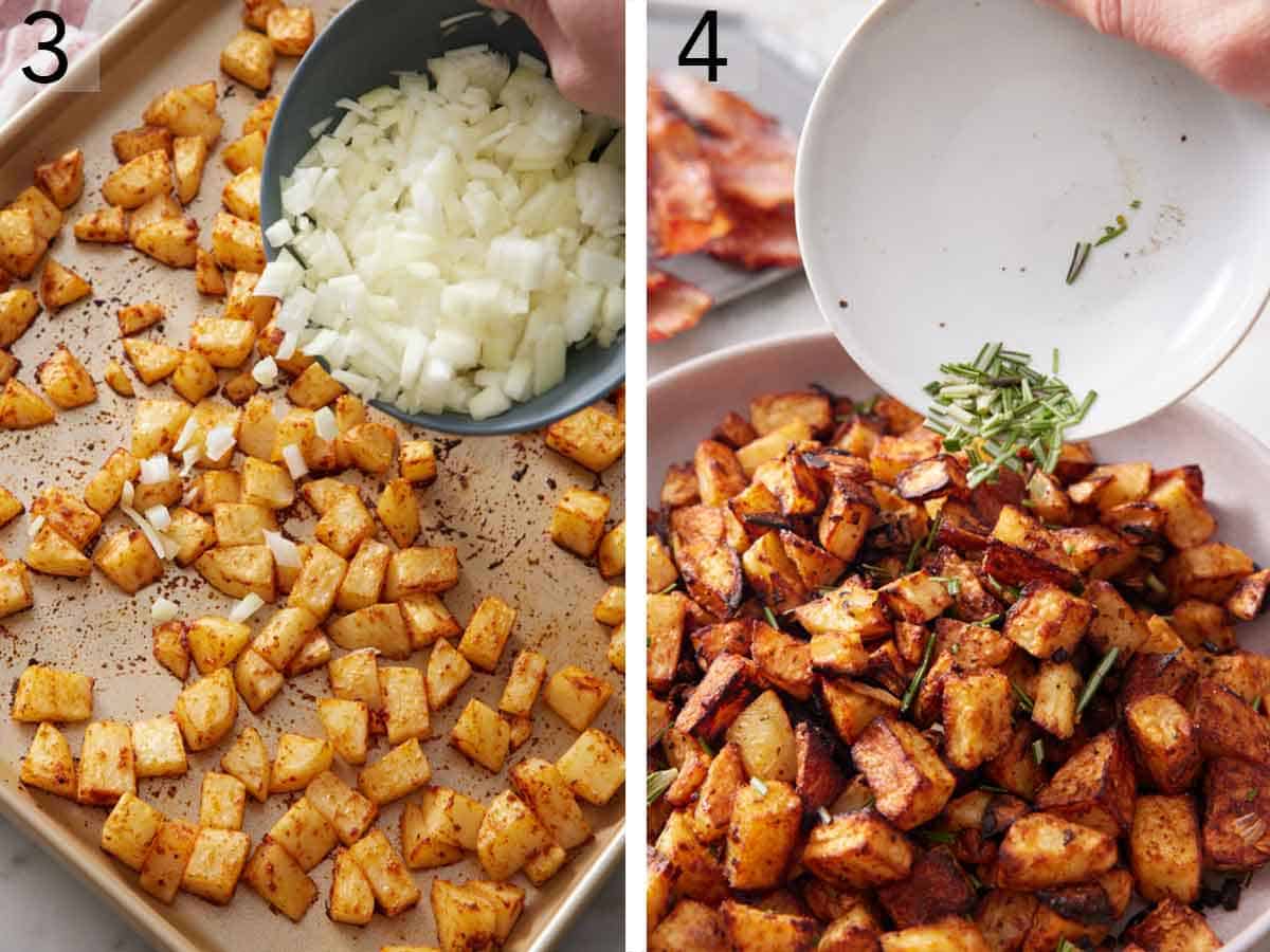 Set of two photos showing onions added to sheet pan of potatoes and then garnished with chopped rosemary.