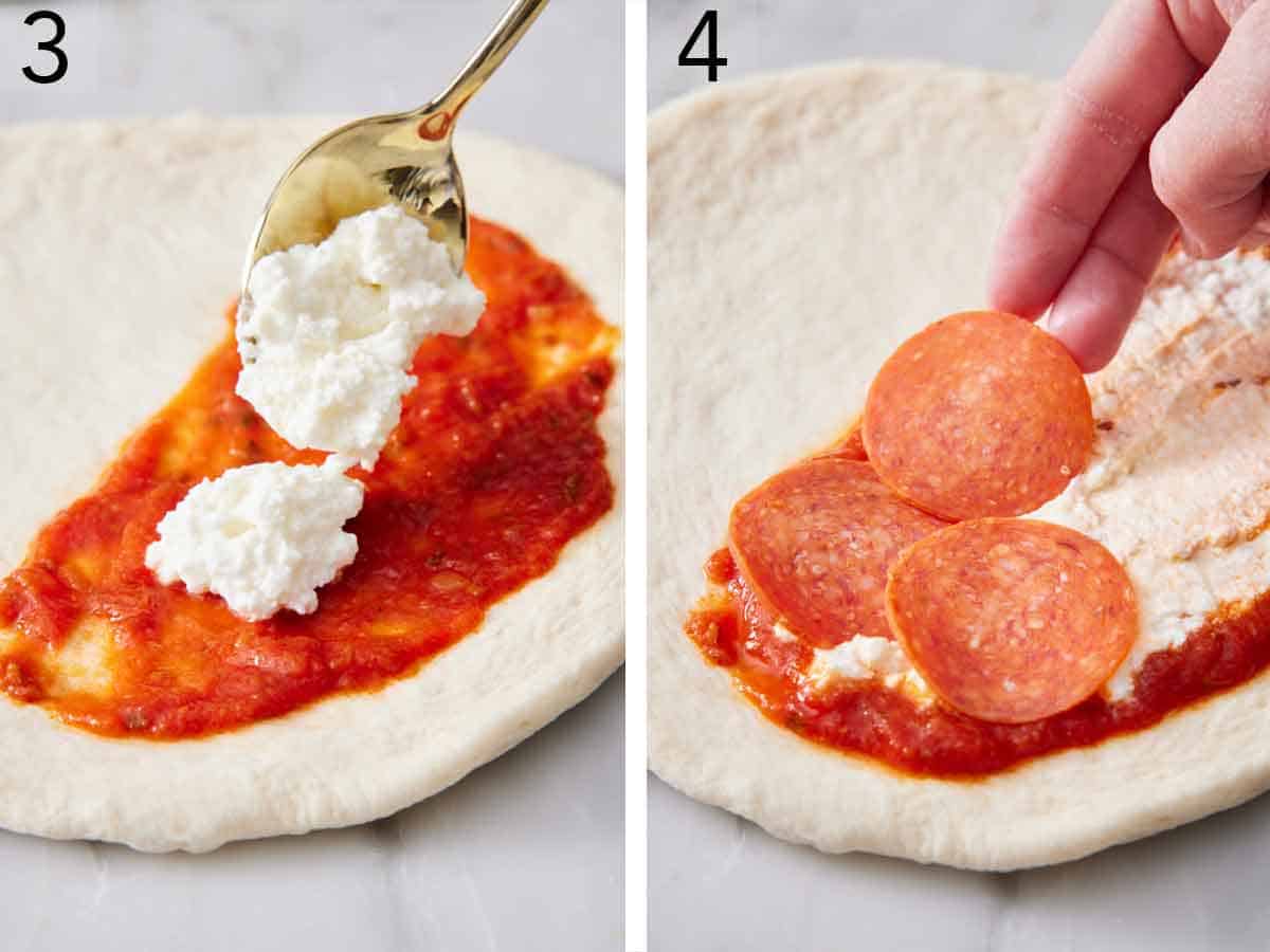Set of two photos showing cheese and pepperoni added to the dough.