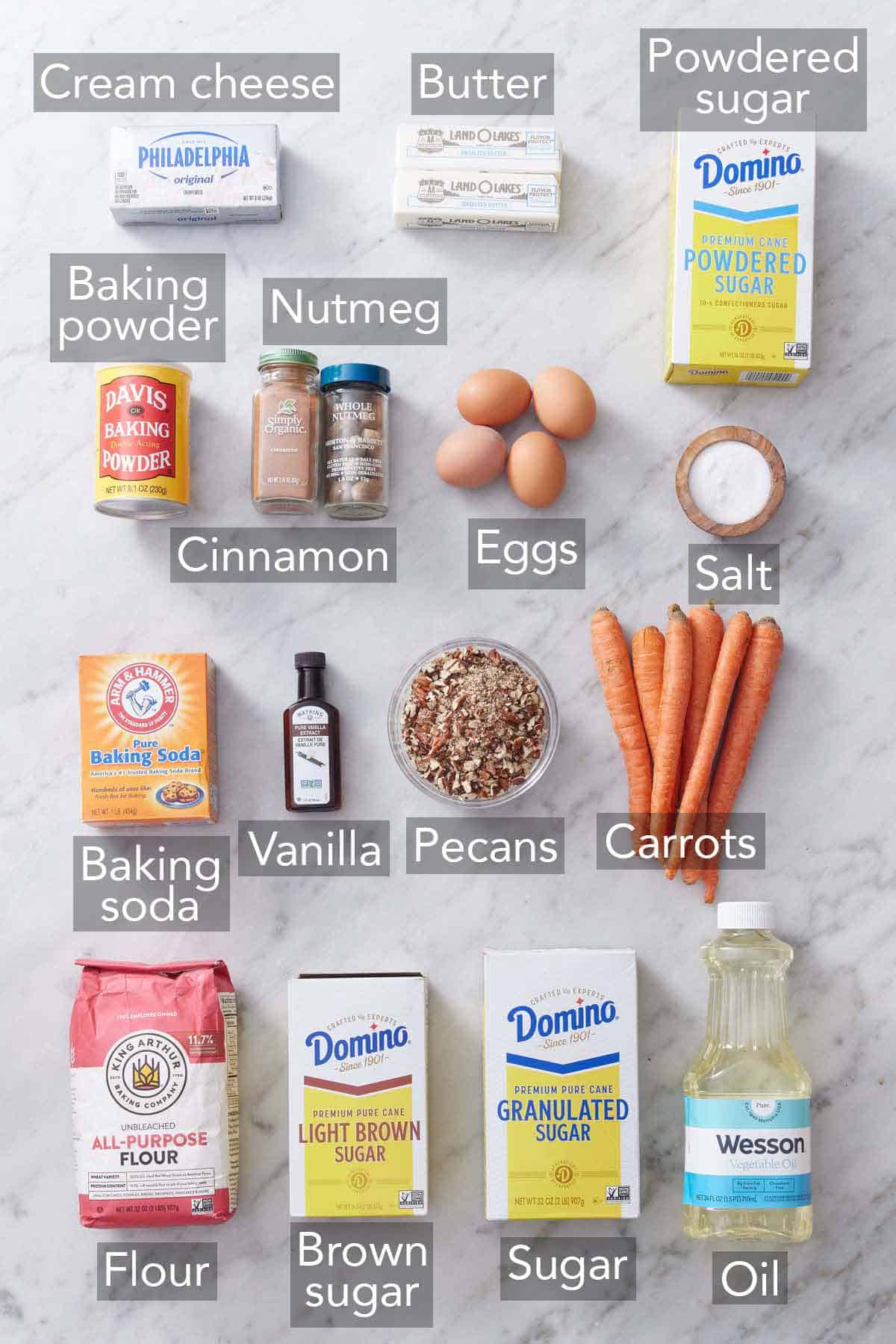 Ingredients needed to make carrot cake.