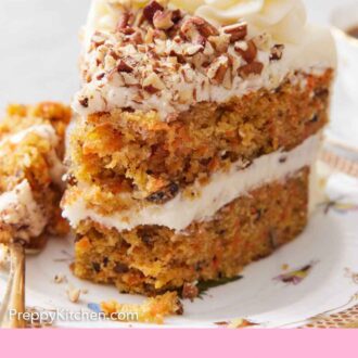 Pinterest graphic of a slice of carrot cake on a plate with the tip on a fork beside it.