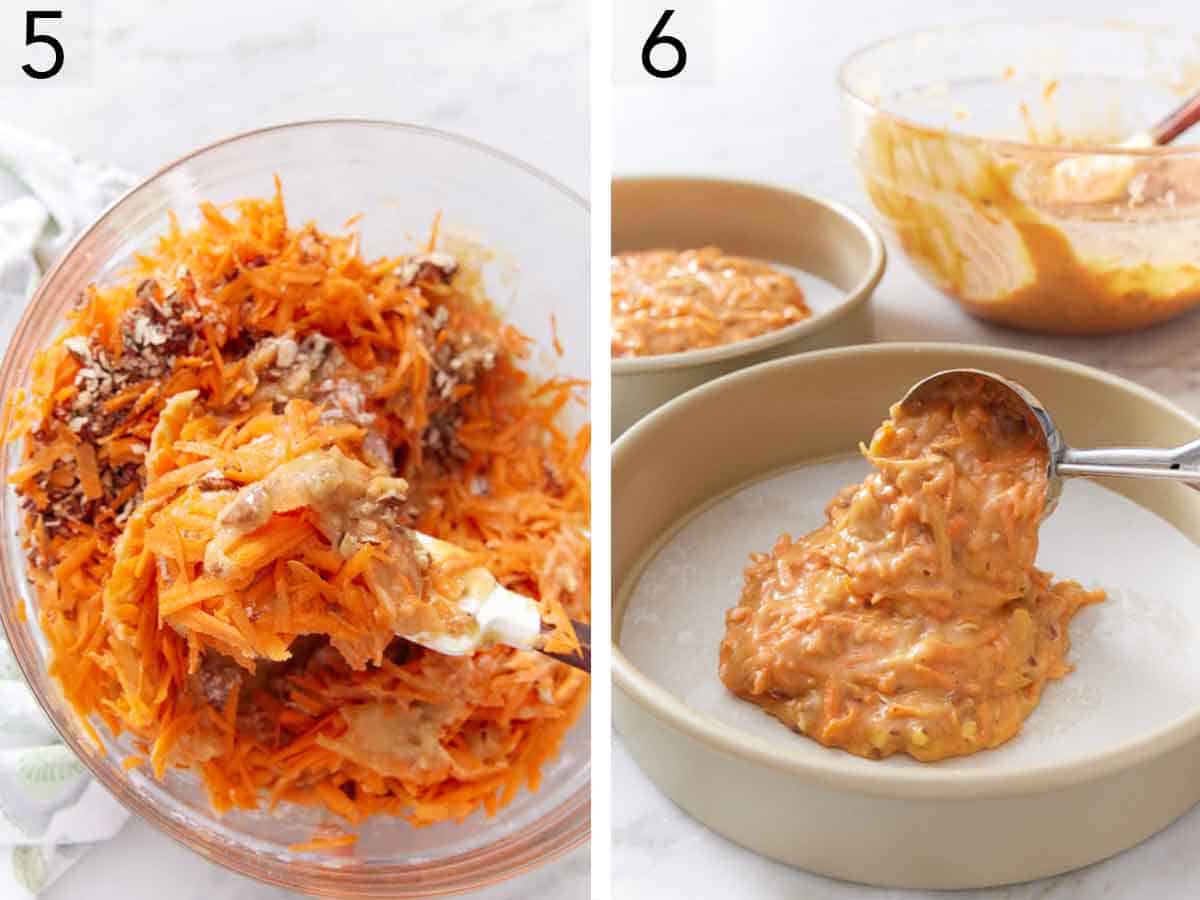 Set of two photos showing carrots and pecans added to the batter and scooped into lined baking pans.