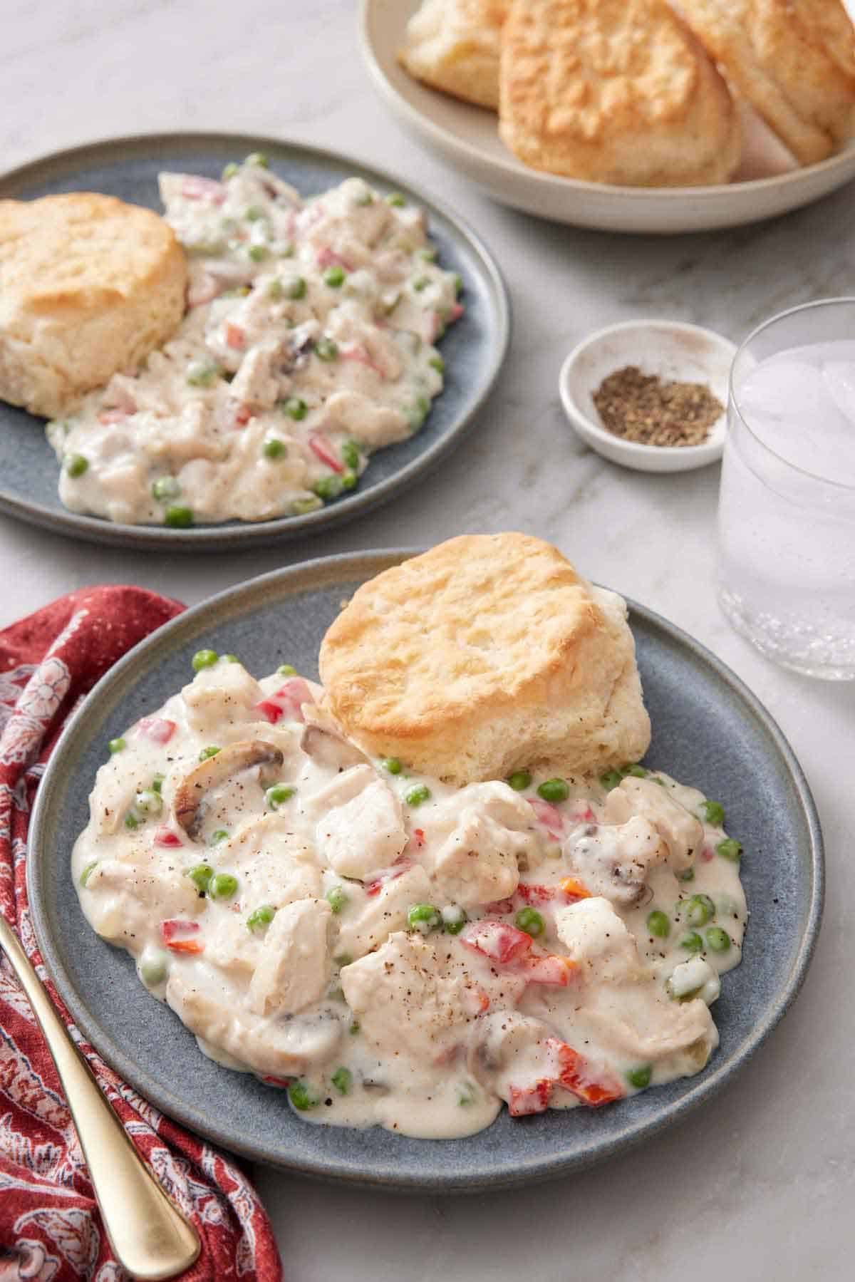 Two plates of chicken a la king with biscuits. A glass of water, a bowl of pepper, and bowl of more biscuits off to the side.