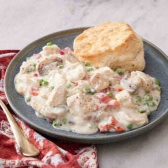 A plate of chicken a la king with a biscuit. A fork on the side on top of a napkin.