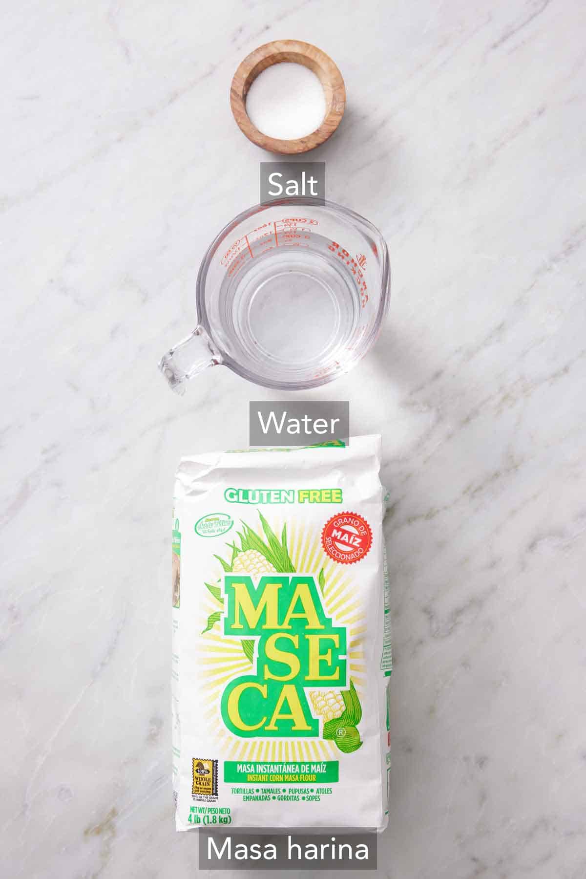 Ingredients needed to make corn tortillas.