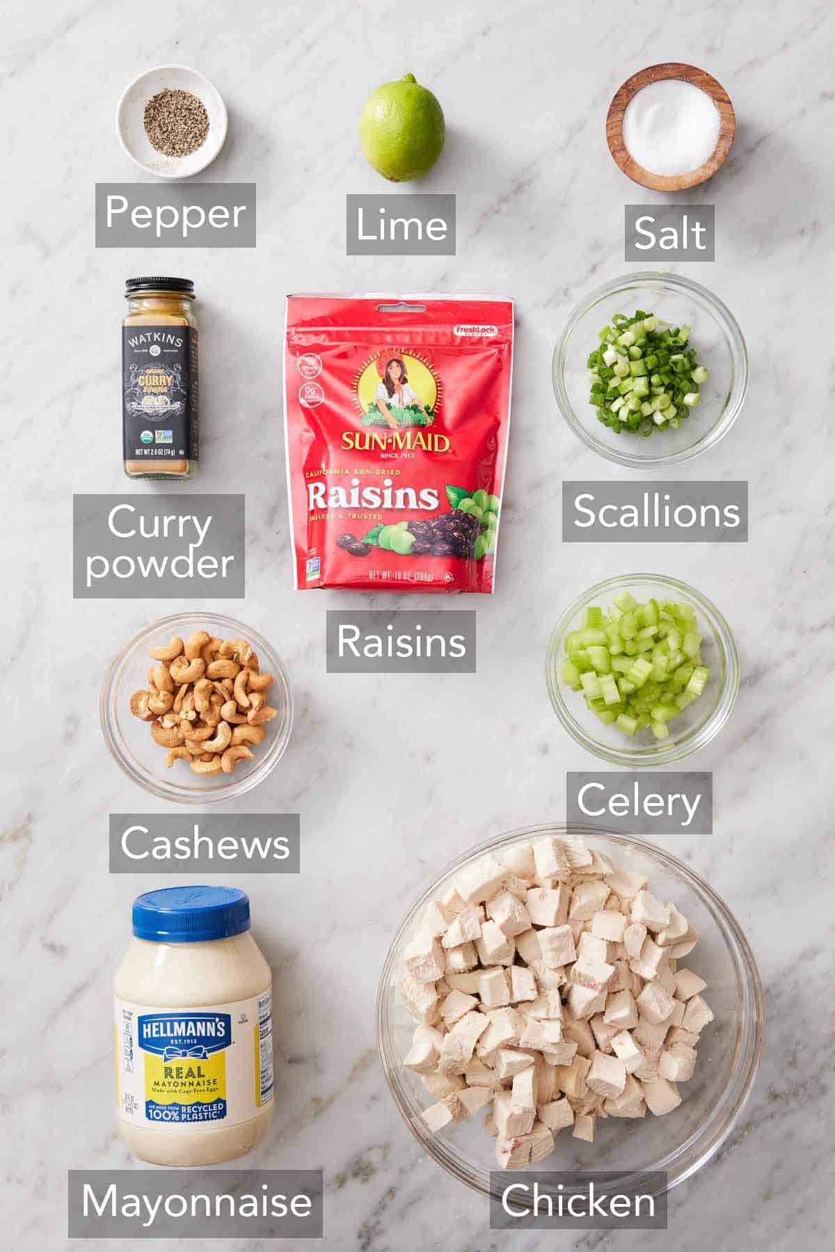 Ingredients needed to make a curried chicken salad.