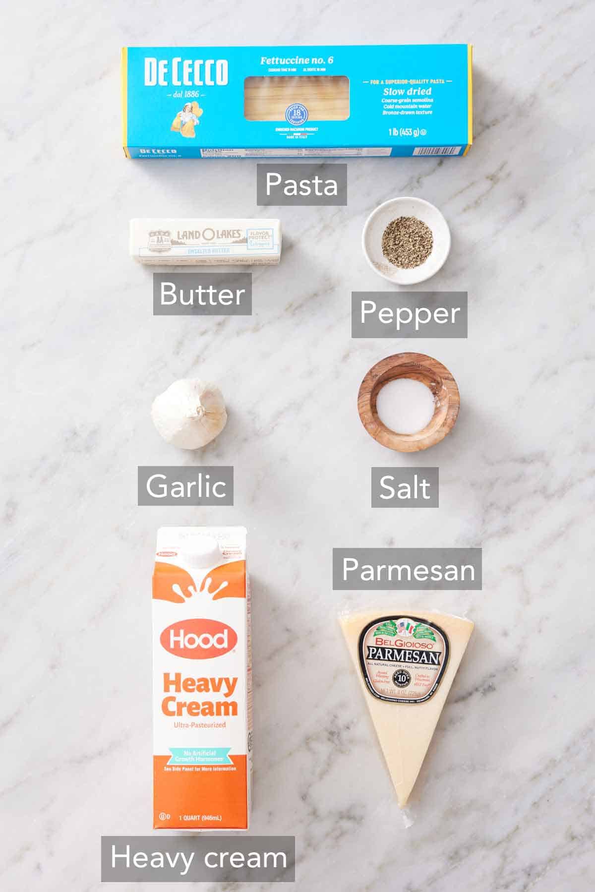 Ingredients needed to make fettucine alfredo.