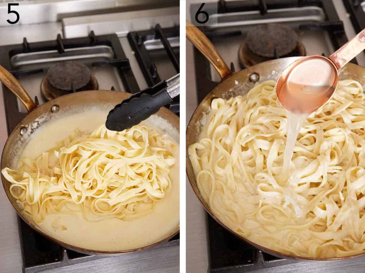 Set of two photos showing cooked pasta and pasta water added to the skillet of sauce.