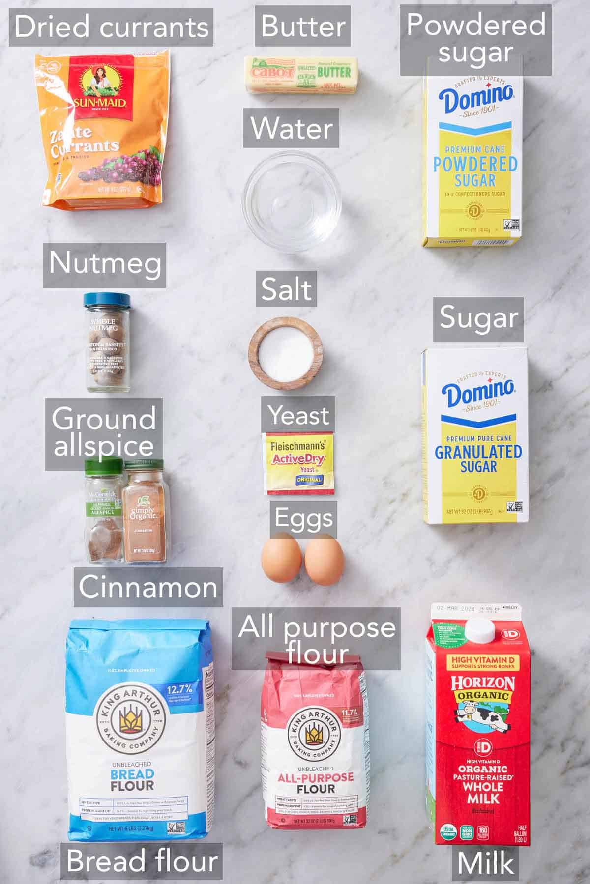 Ingredients needed for hot cross buns.