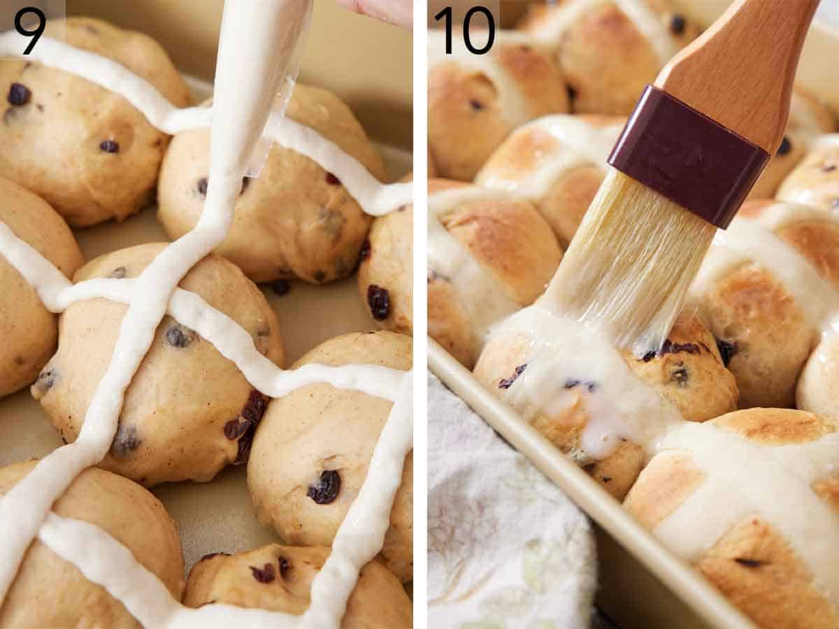 Set of two photos showing cross topping piped on top and glaze brushed onto the buns.
