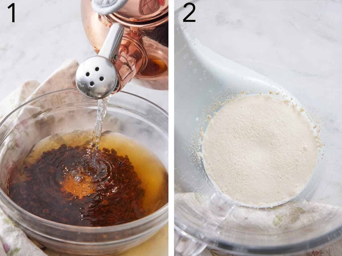 Set of two photos showing dried currants soaked and yeast bloomed.