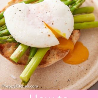 Pinterest graphic of a poached egg cut over a bagel with asparagus.