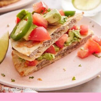 Pinterest graphic of a plate with a mulita cut in half, stacked on top of each other, topped with jalapeno, tomatoes, and avocado.