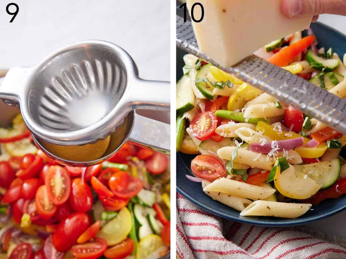 Set of two photos showing lemon juiced over the pot and parmesan grated over the pasta.