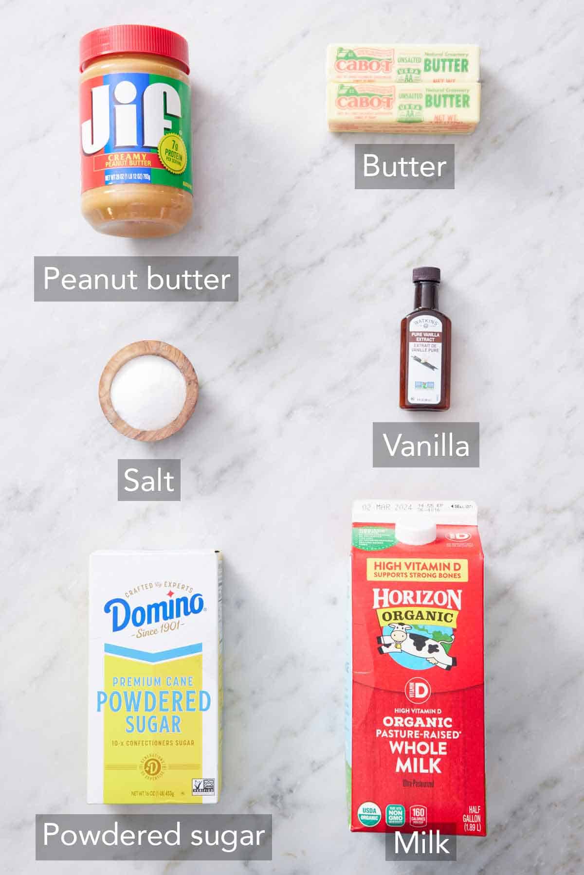 Ingredients needed to make peanut butter frosting.