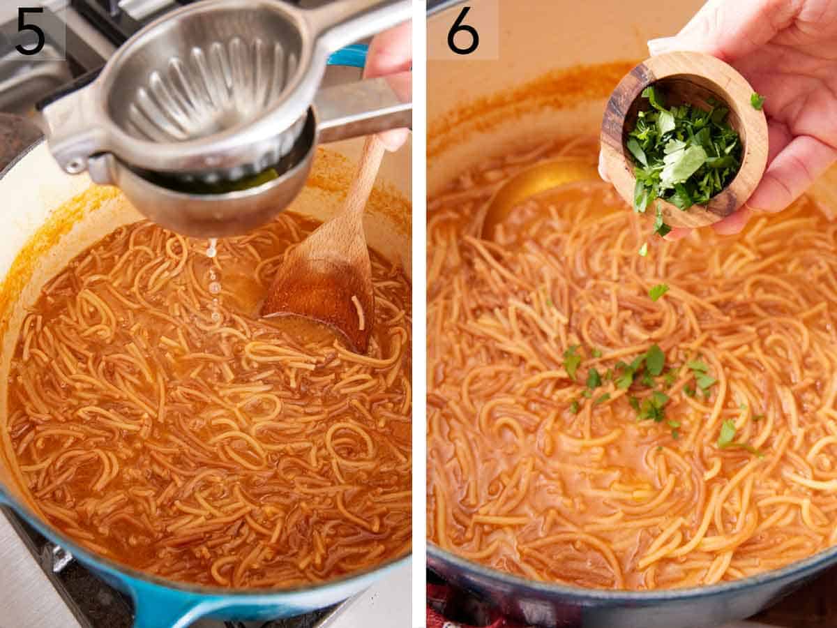 Set of two photos showing lime juiced on top of the soup and cilantro added.