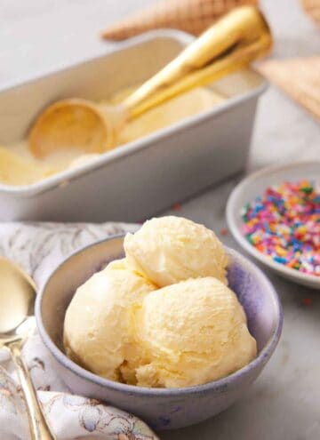 A bowl with a few couples of vanilla ice cream. More ice cream in the background with a scoop and a bowl of sprinkles on the side.