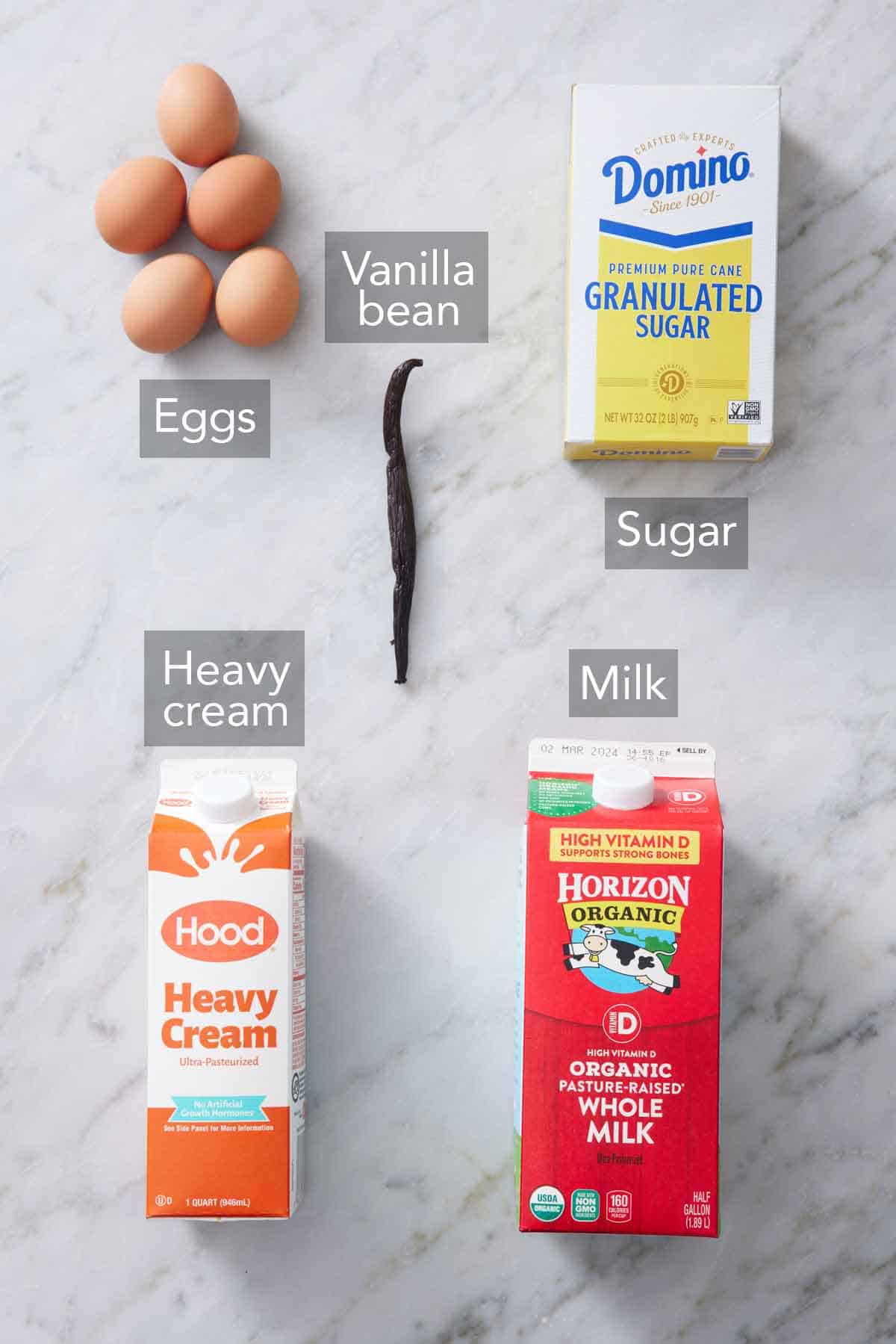 Ingredients needed to make vanilla ice cream.