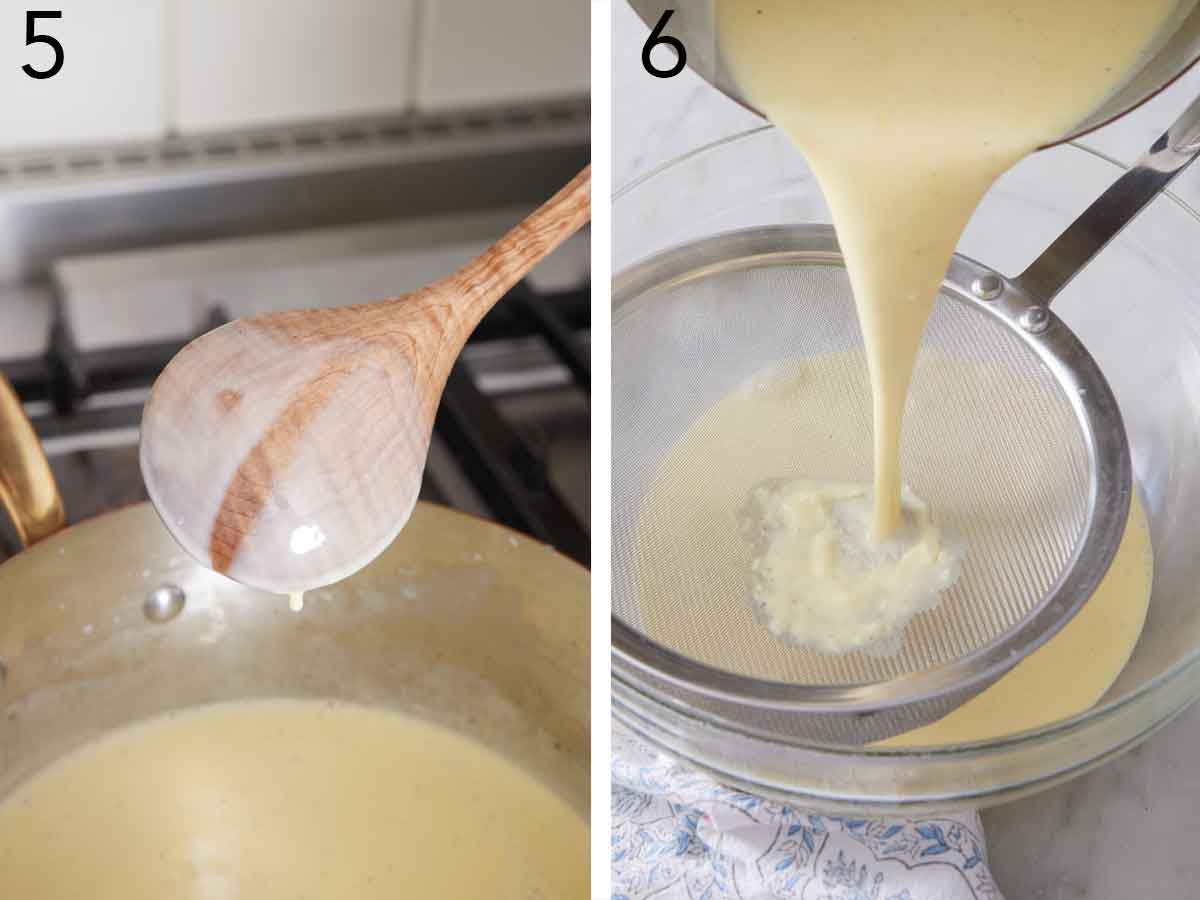 Set of two photos showing the mixture thickened and strained through a fine mesh strainer into a bowl.