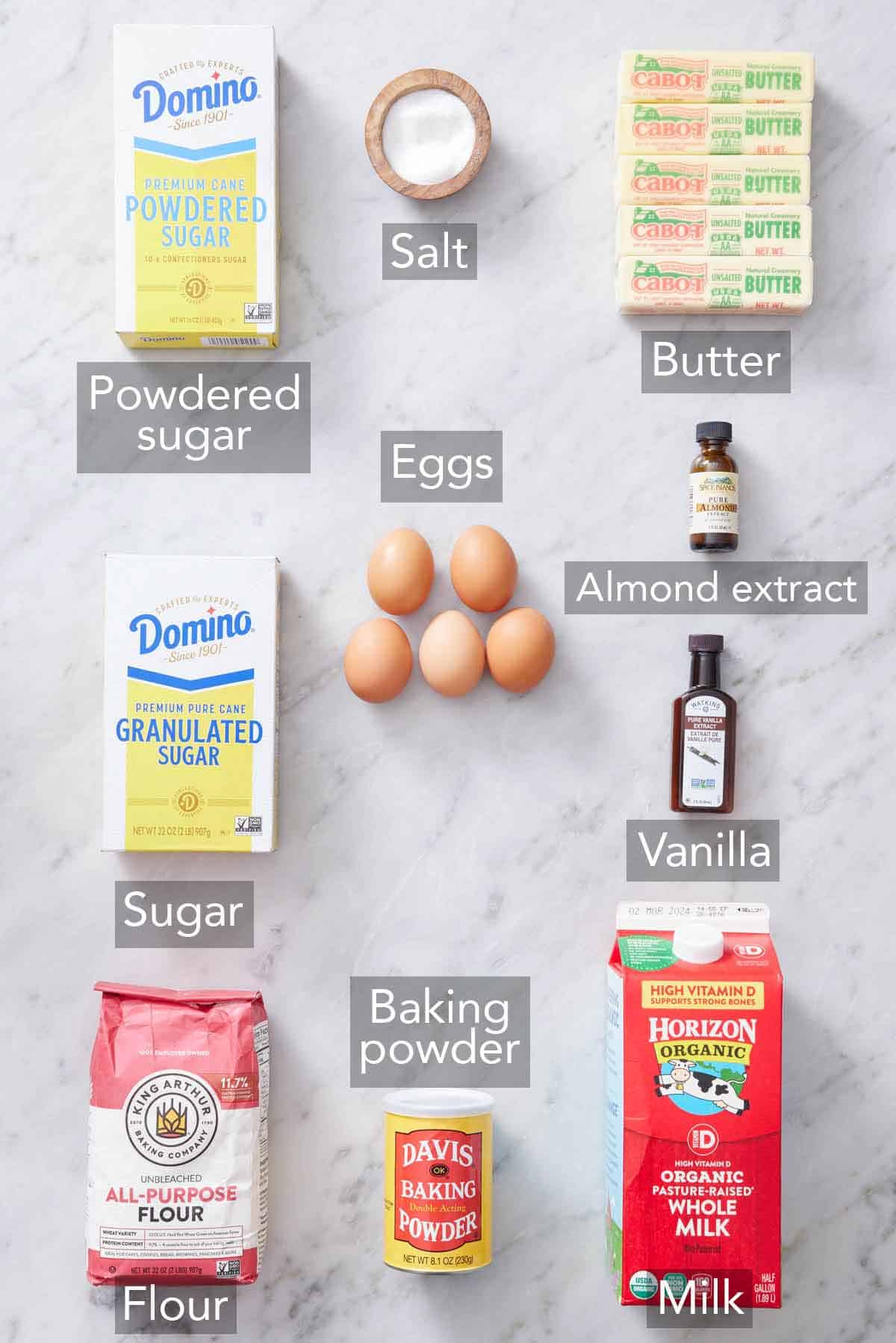 Ingredients needed to make white cake.