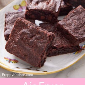 Pinterest graphic of a close up view of air fryer brownies on a platter.