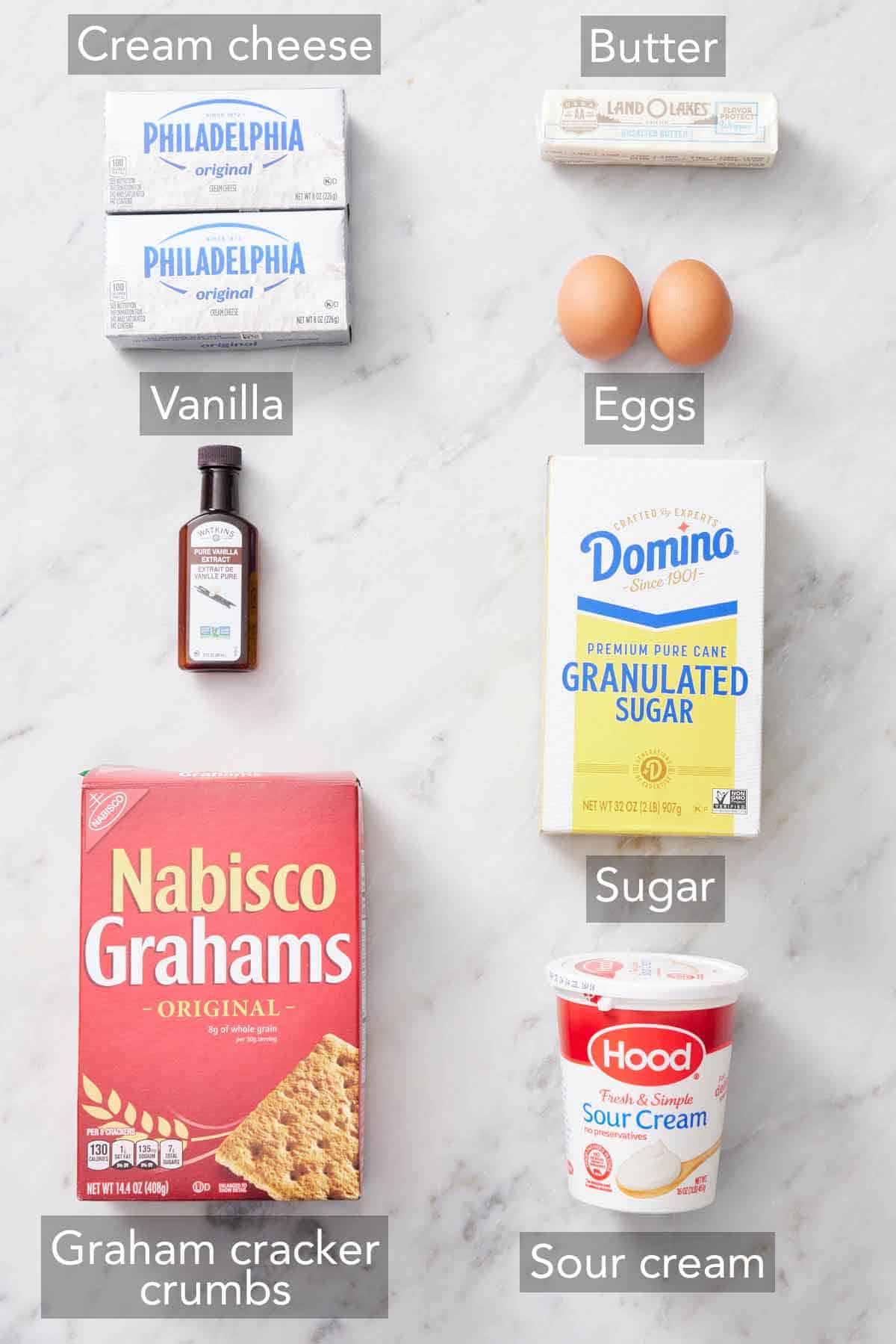 Ingredients needed to make an air fryer cheesecake.