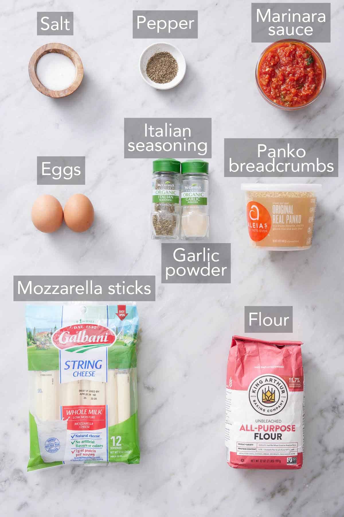 Ingredients needed to make air fryer mozzarella sticks.