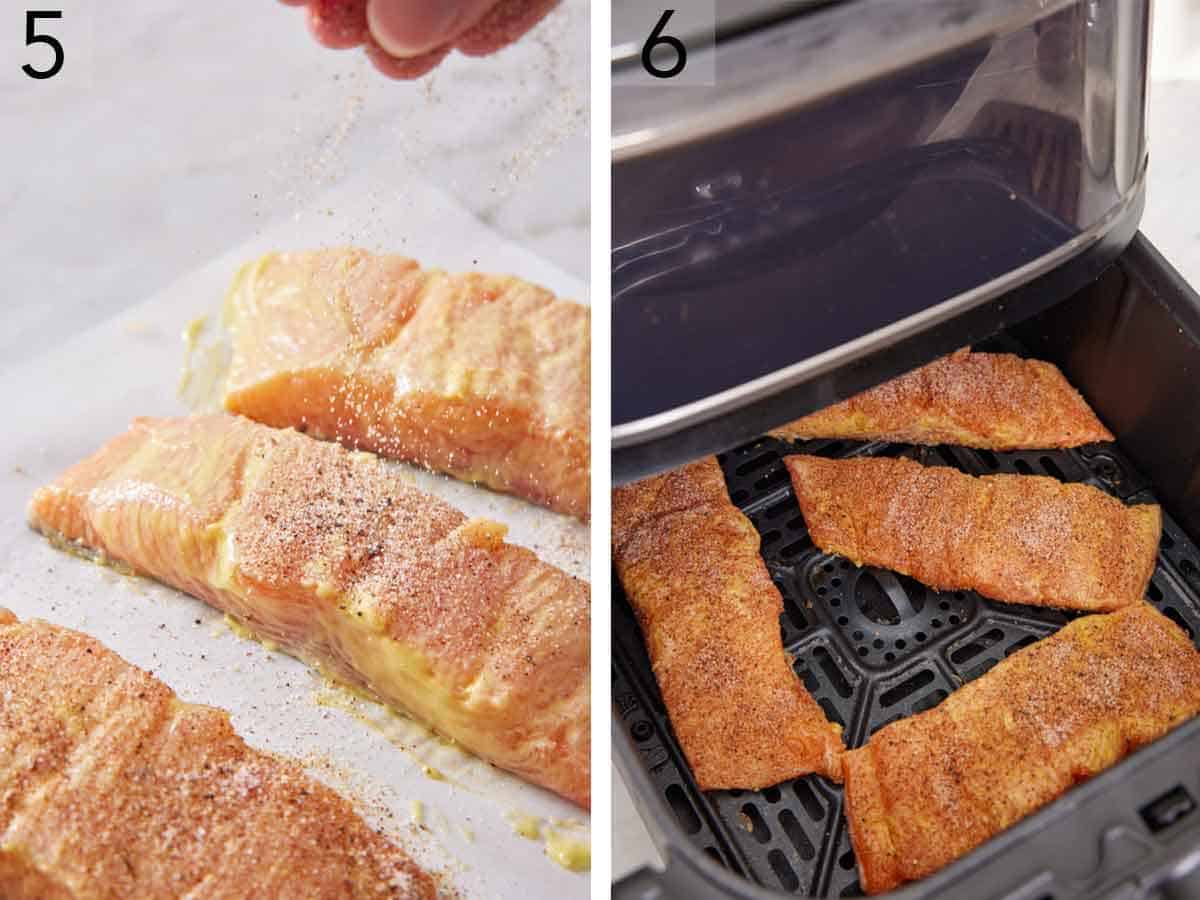 Set of two photos showing seasoning sprinkled over the salmon then added to an air fryer basket.