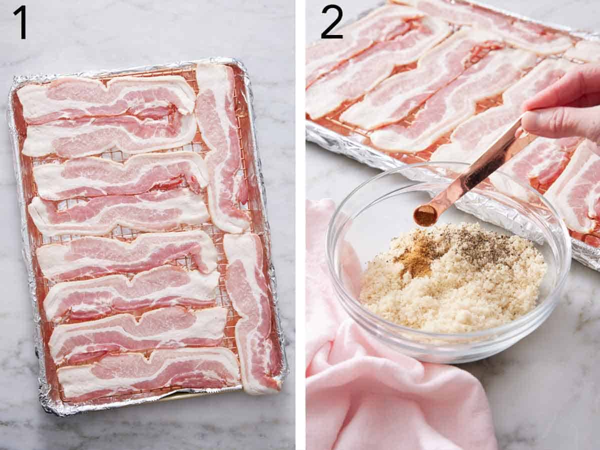 Set of two photos showing bacon spread on a lined sheet pan over a wire rack and brown sugar, pepper, and cayenne added to a bowl.