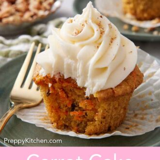 Pinterest graphic of a carrot cake cupcake on a plate with the liner pulled down and a bite taken out of it.