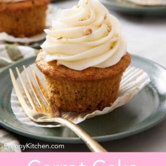 Pinterest graphic of carrot cake cupcake on a plate with the liner pulled down and a for beside it.