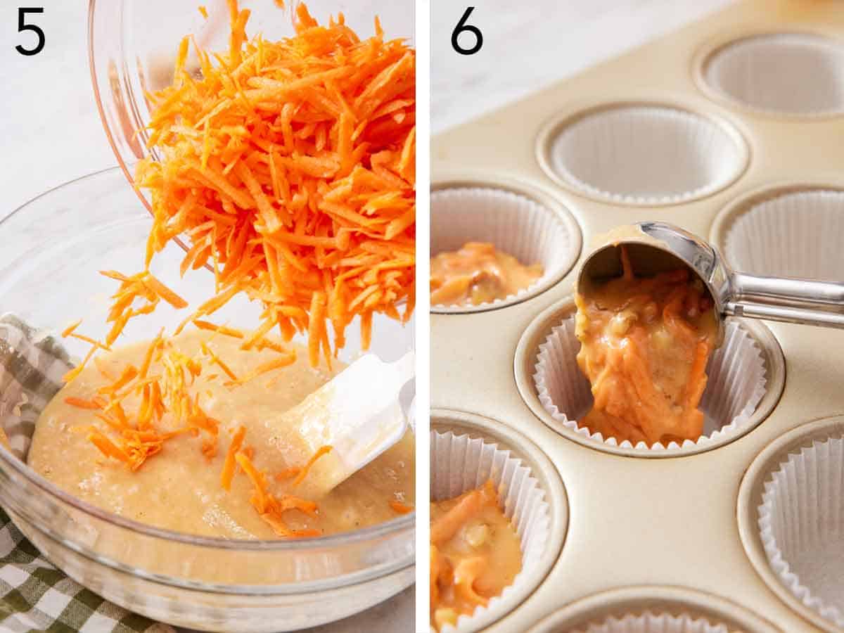 Set of two photos showing shredded carrots added to the batter and scooped into a lined cupcake tray.