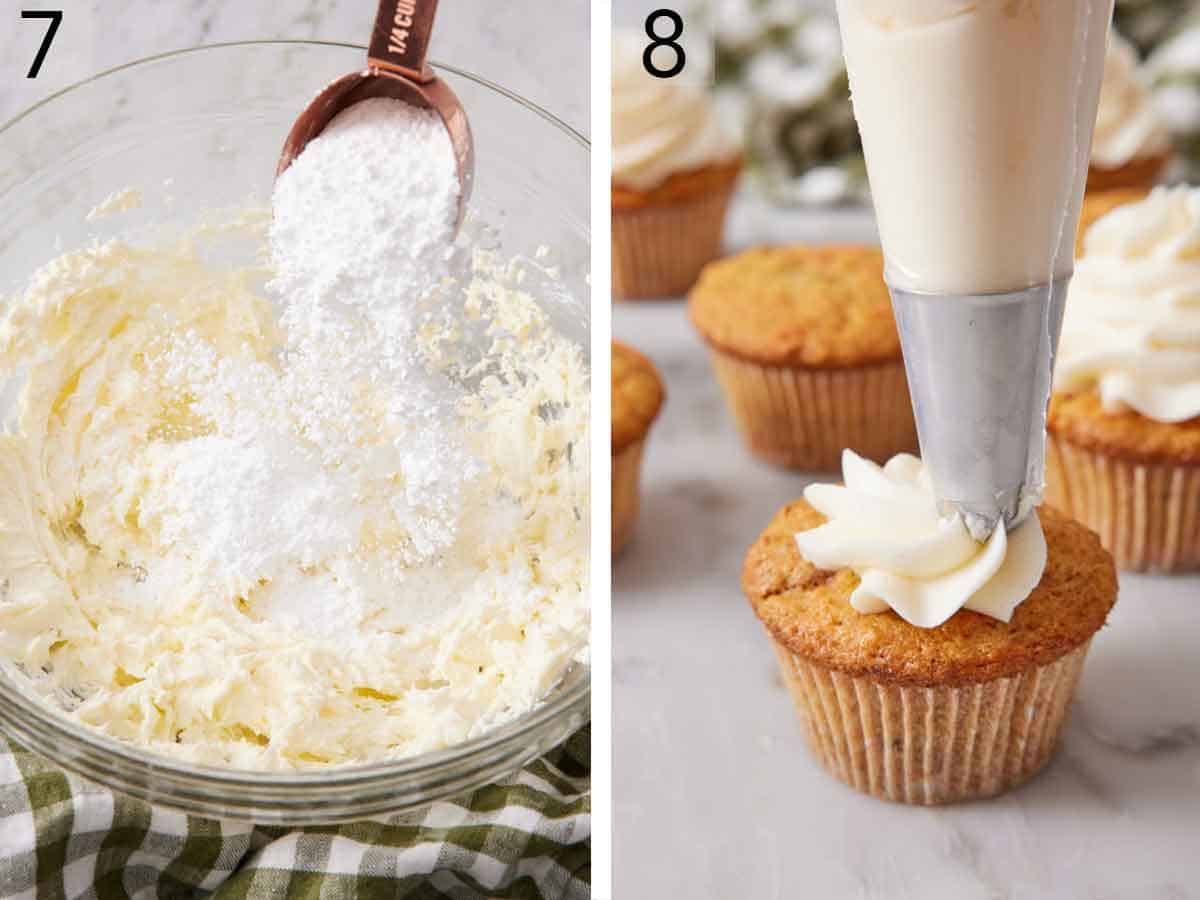 Set of two photos showing powdered sugar added to a bowl of cream cheese with butter then frosting piped on top.