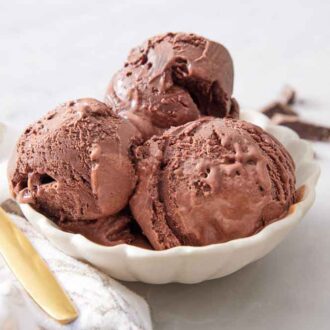A bowl with three scoops of chocolate ice cream with a spoon on the side.