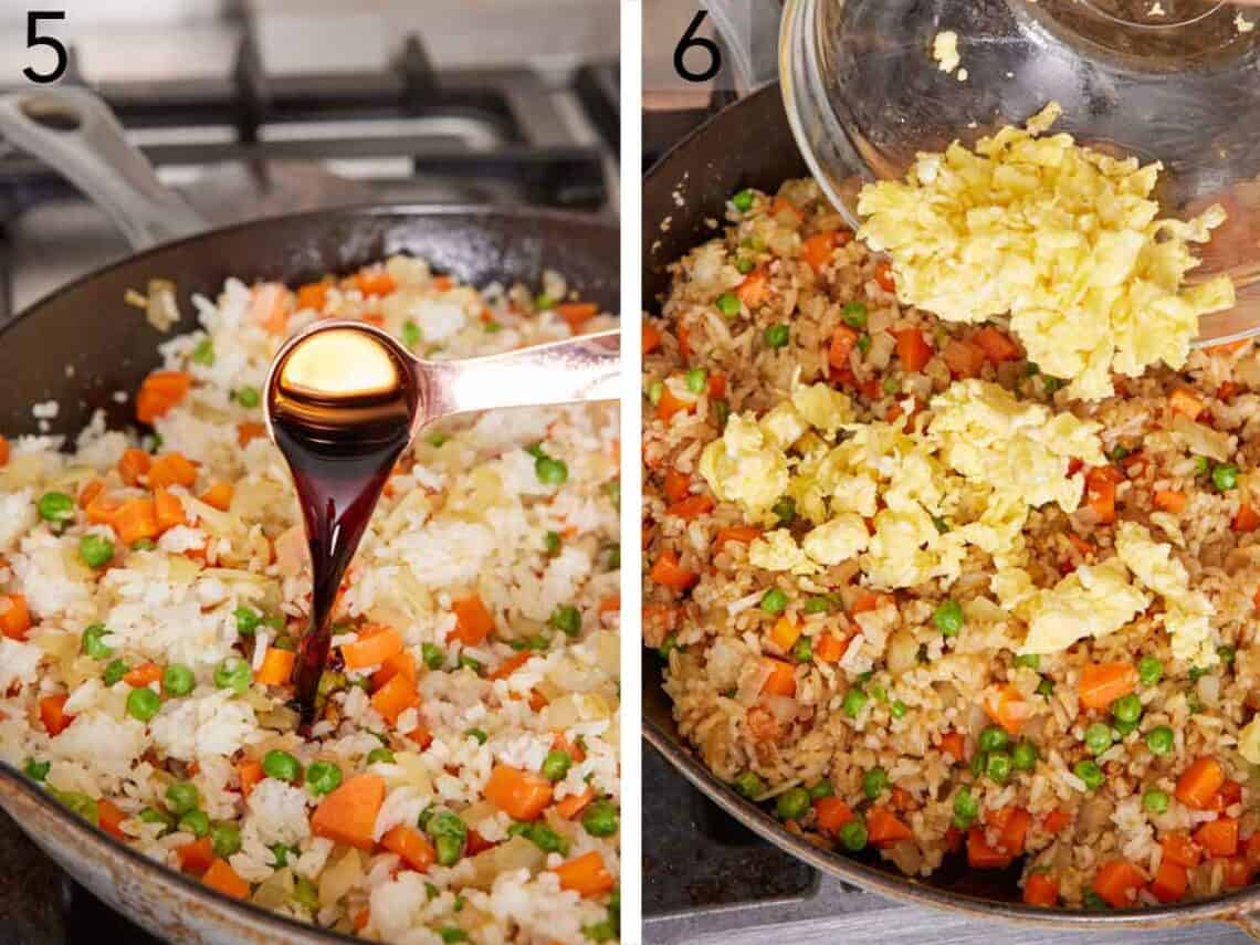 Set of two photos showing sauce added to the skillet then cooked eggs added.