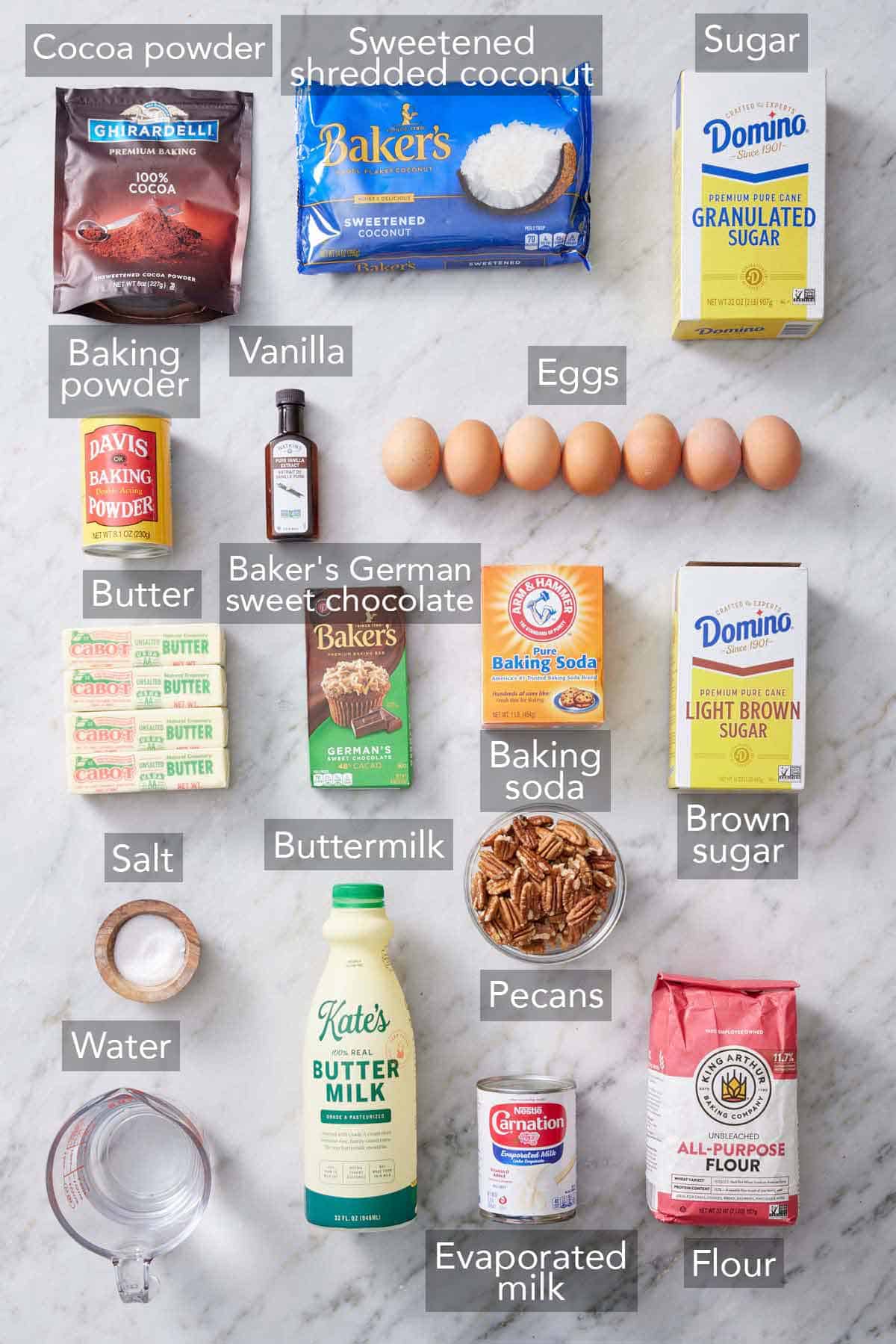 Ingredients needed to make German chocolate cake.