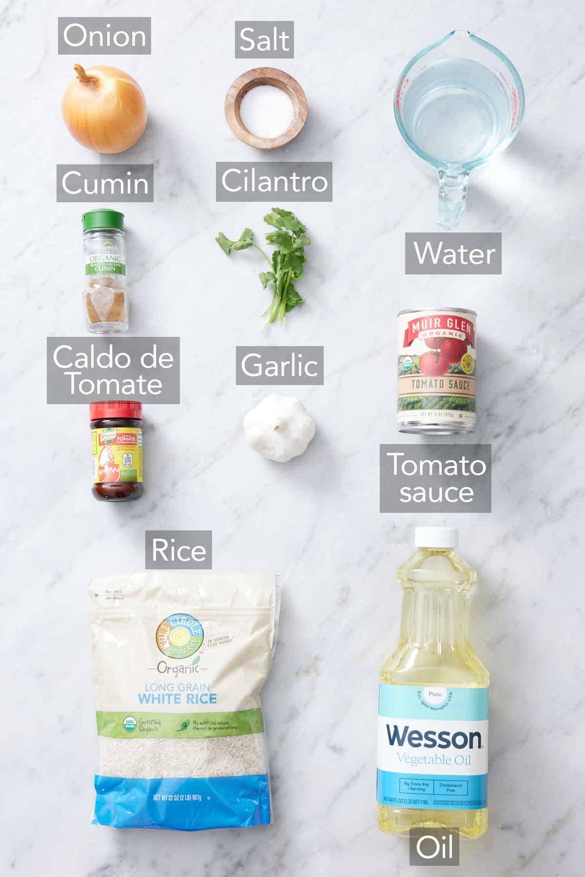 Ingredients needed to make Mexican rice.