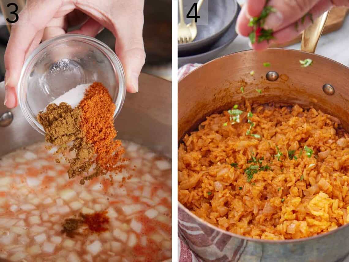 Set of two photos showing seasoning and herb garnish added to the pot.
