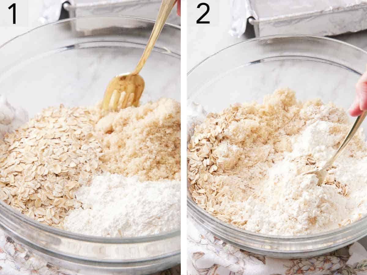 Set of two photos showing dry ingredients mixed together with a fork.