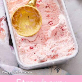 Pinterest graphic of an ice cream scoop instead a container of strawberry ice cream.