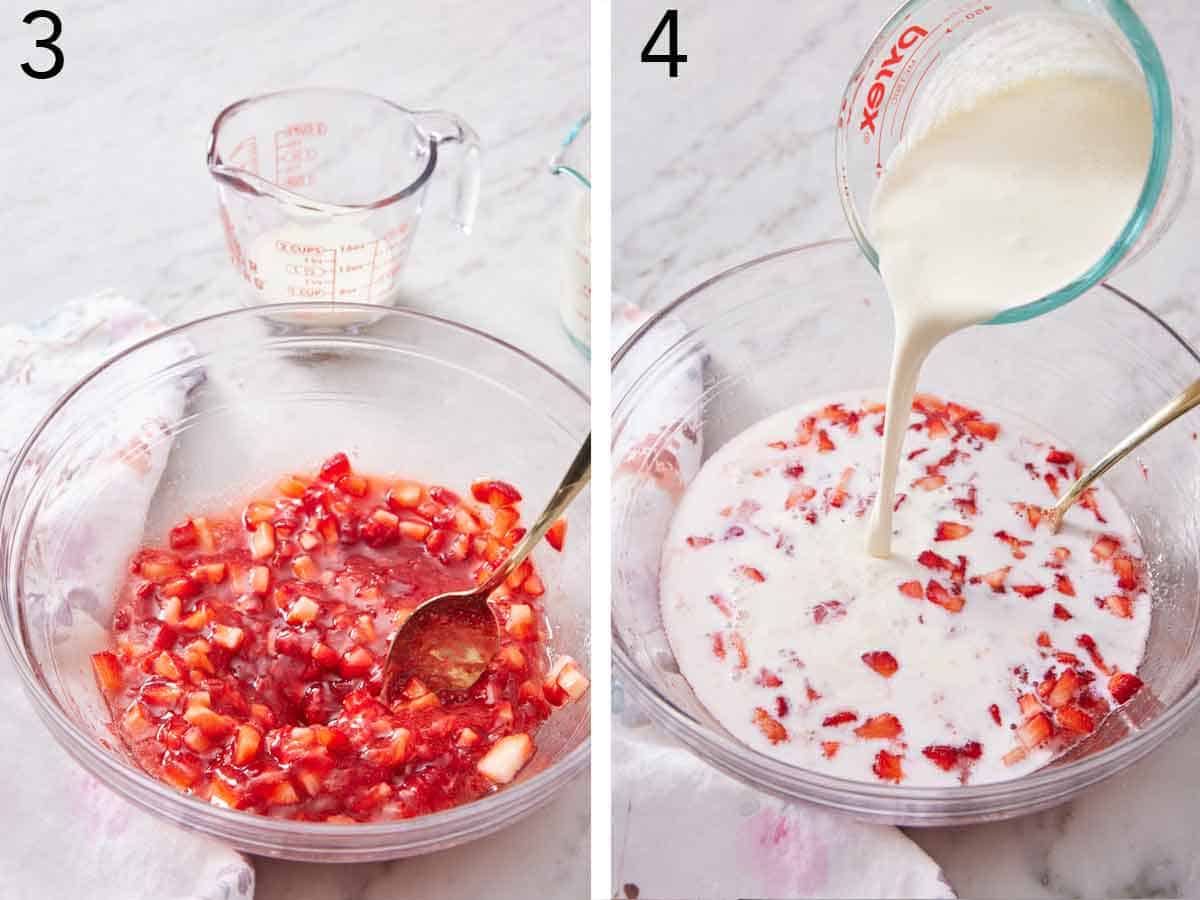 Set of two photos showing strawberries stirred and cream added.