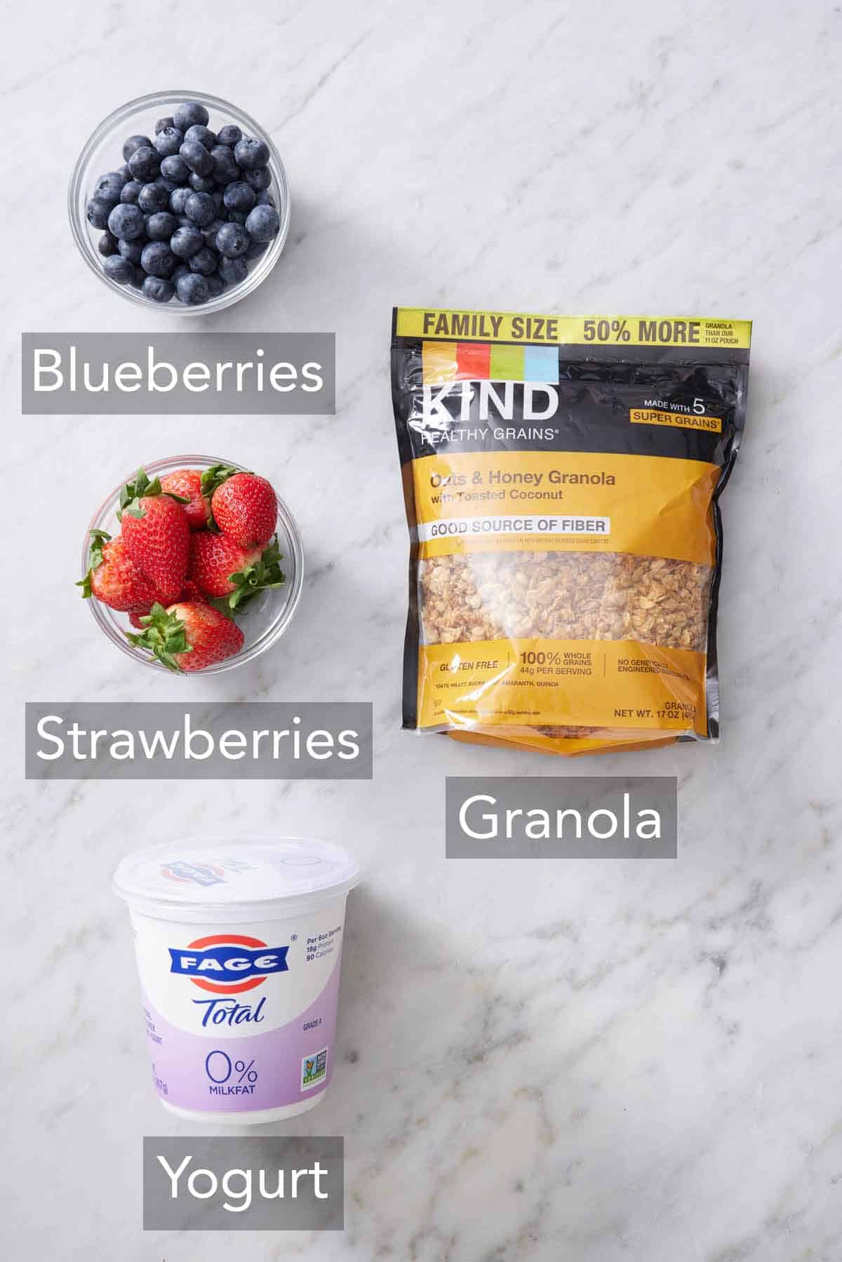 Ingredients needed to make yogurt parfait.