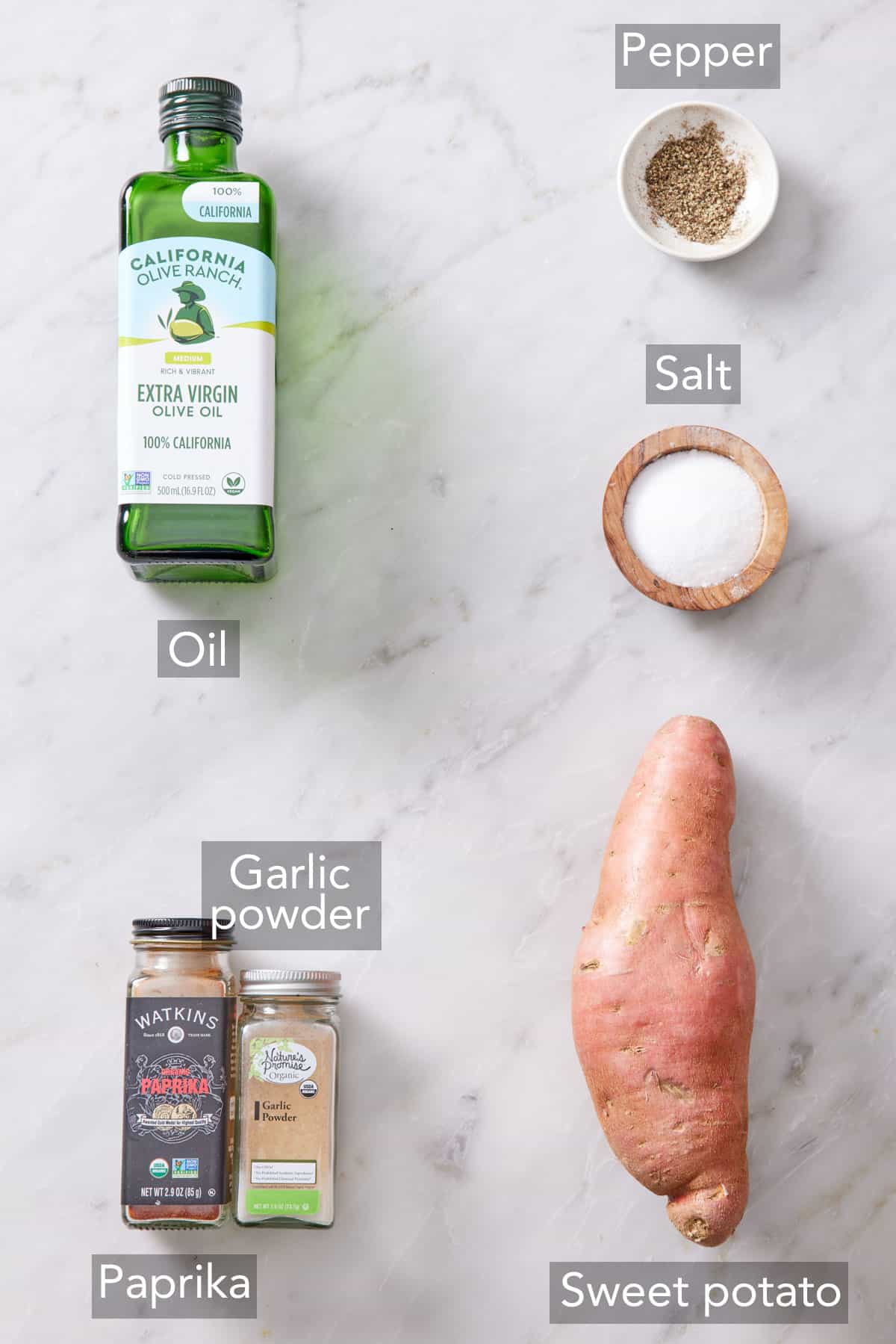 Ingredients needed to make air fryer sweet potato fries.