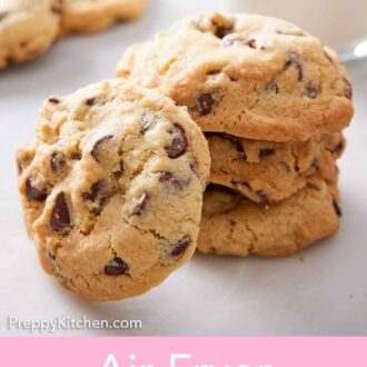Pinterest graphic of a stack of air fryer cookies with one leaning against it.